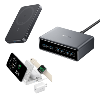 Anker Prime Charger (200W, 6 Ports, GaN), Anker MagGo Power Bank (10K, Slim), and Anker MagGo Wireless Charging Station