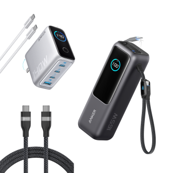 Anker Charger (140W, 4-Port, PD 3.1), Anker Laptop Power Bank, and Anker USB-C to USB-C Cable