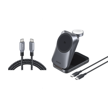 Anker Prime Wireless Charging Station (3-in-1, MagGo, AirCool, Foldable) and Anker Prime USB-C to USB-C Cable (240W, Upcycled-Braided)